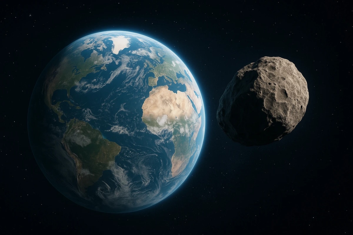 Asteroide pasando cerca de la Tierra visto desde el espacio, con ambos cuerpos celestes detalladamente iluminados.