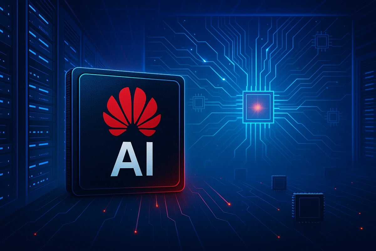 Chip de inteligencia artificial de Huawei resaltando en un centro de datos futurista