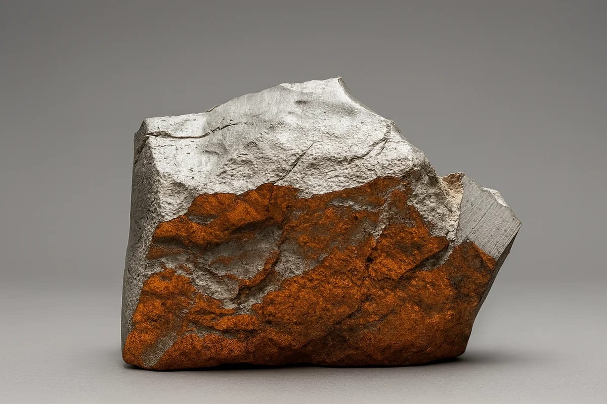Fragmento de meteorito marciano con superficie plateada y base rojiza