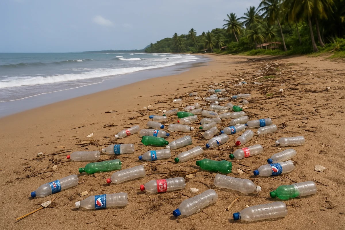 Botellas plásticas esparcidas en la arena de una playa centroamericana