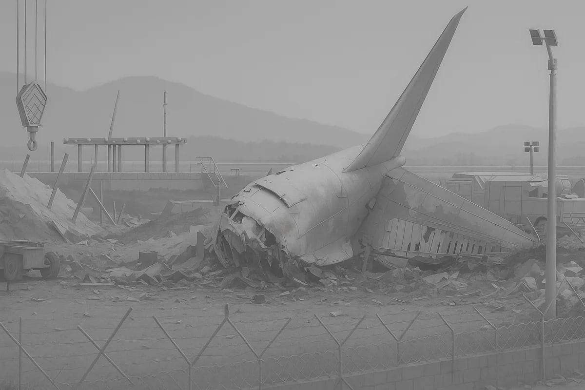 Recreación 3D en escala de grises de un Boeing 737-800 accidentado en un aeropuerto