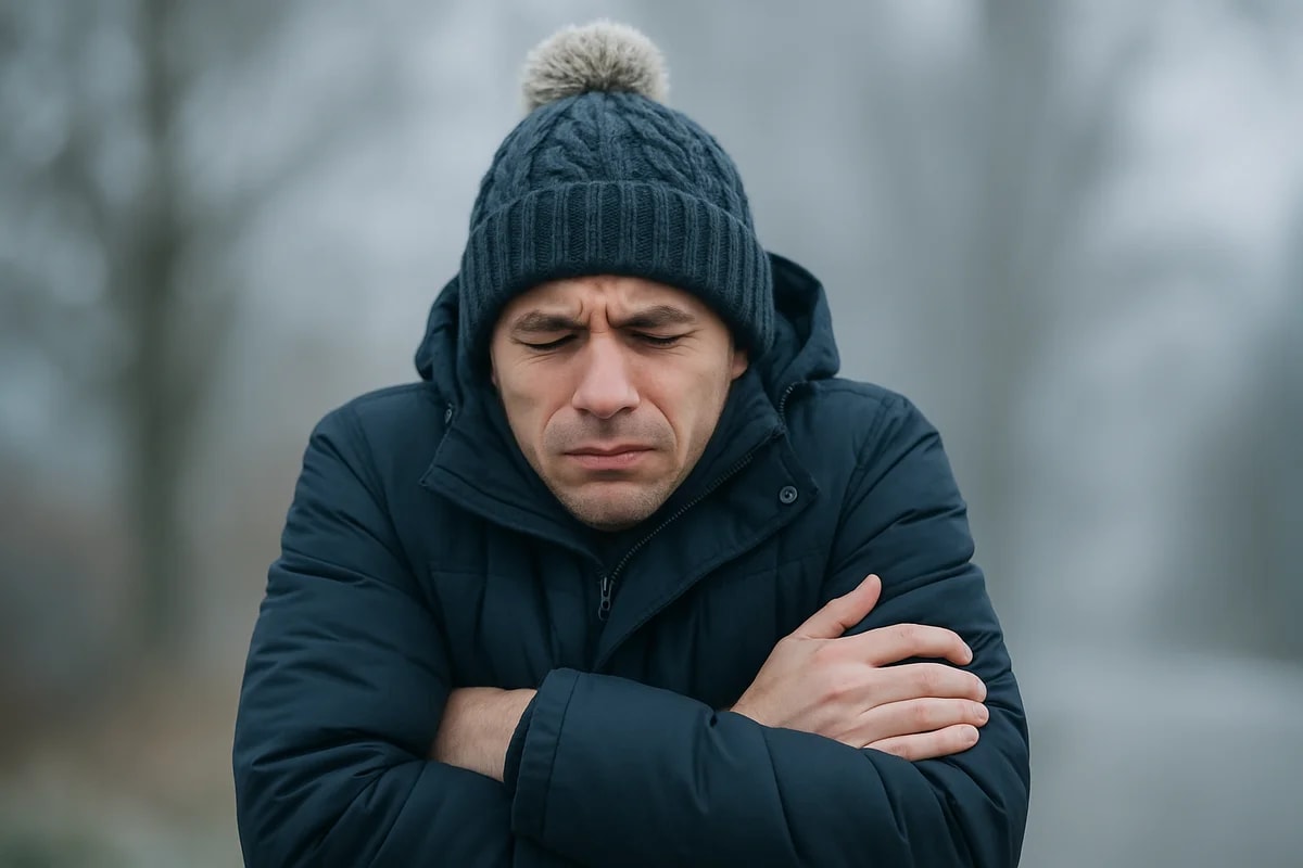 Hombre adulto joven con abrigo grueso y gorro de lana con pompon, tiritando de frío al aire libre en un día invernal