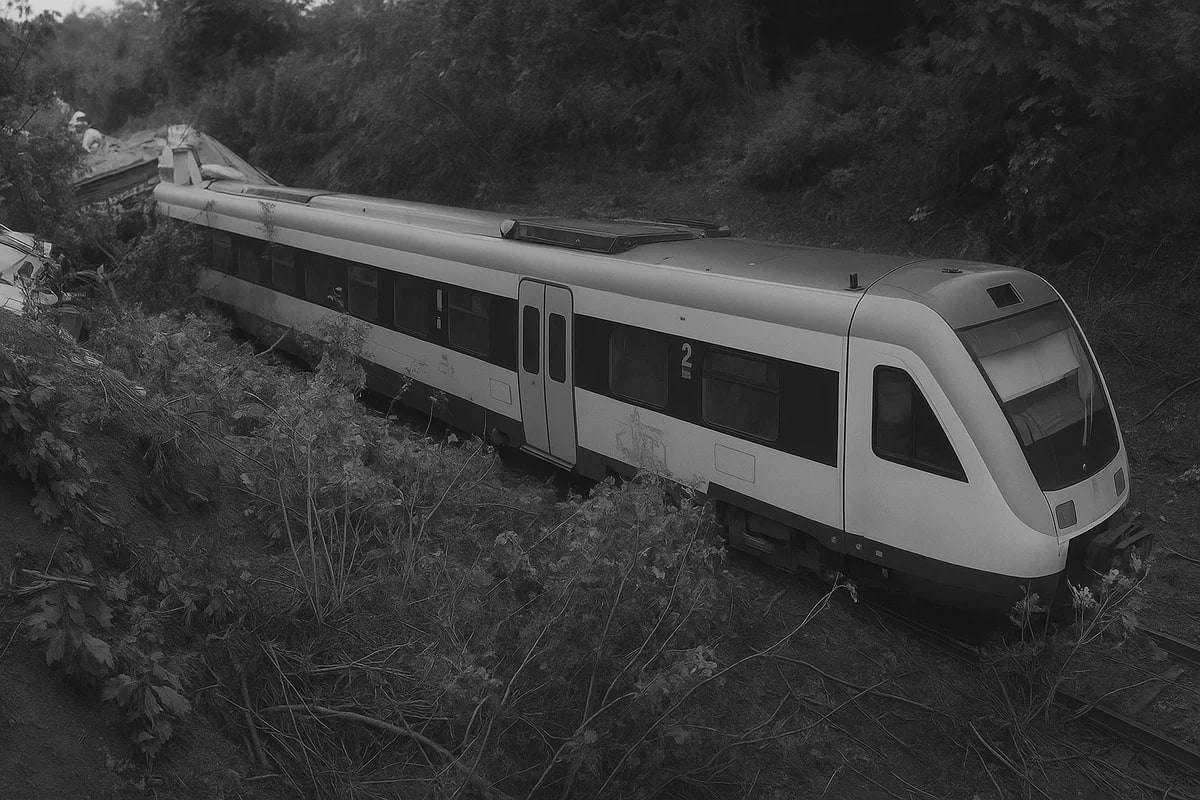 Tren descarrilado en medio de vegetación, simulación en blanco y negro de un accidente ferroviario en Alemania