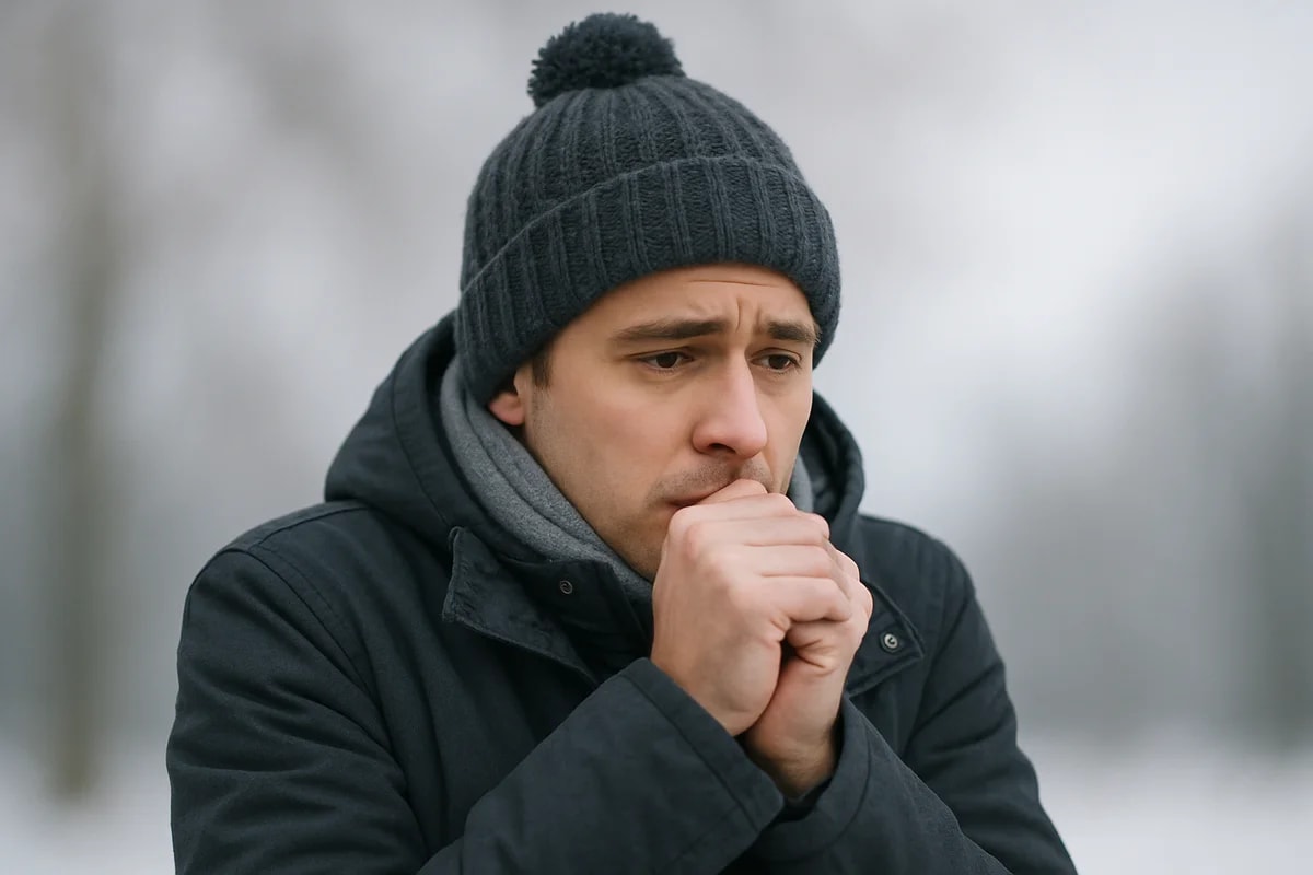 Hombre joven abrigado con gorro de lana y gesto natural de frío en un entorno invernal