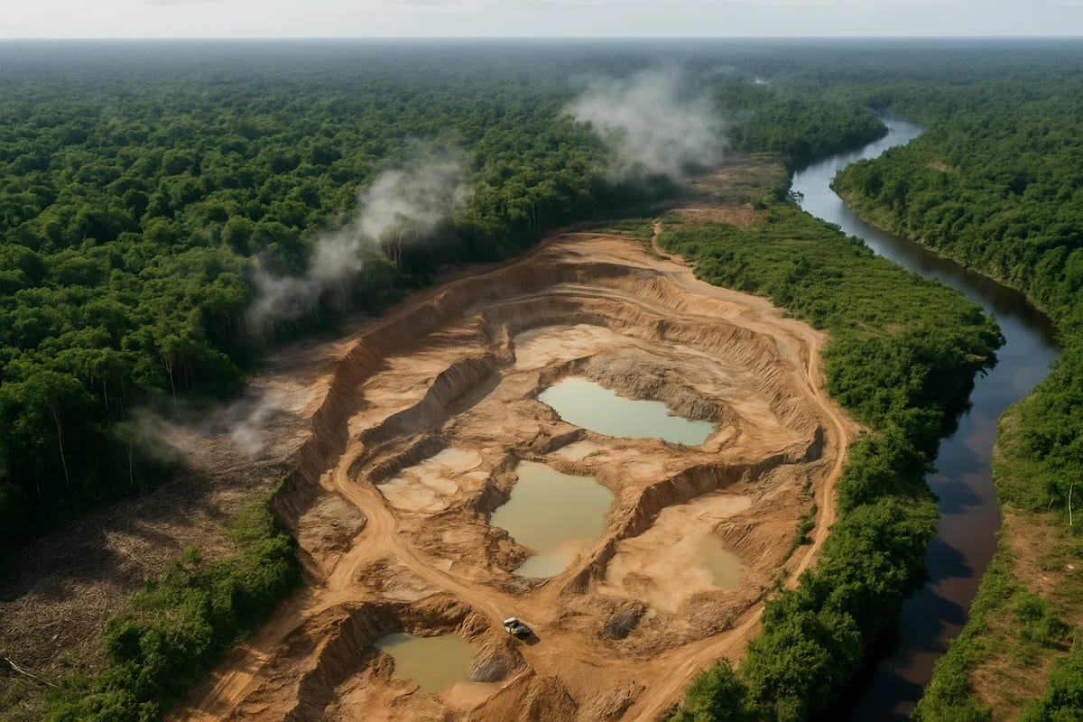 Vista aérea de una mina a cielo abierto que invade la selva amazónica junto a un río