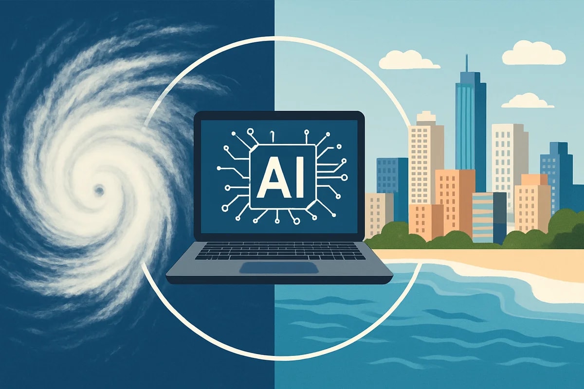 Ilustración editorial que muestra, a la izquierda, un huracán visto desde arriba sobre el océano; en el centro, un portátil simbolizando IA; y a la derecha, una ciudad costera bajo cielo despejado