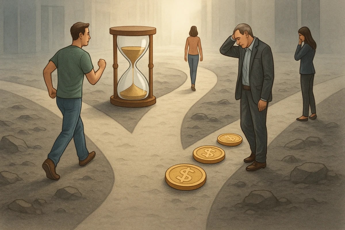 Ilustración conceptual que muestra dos caminos: uno simbolizado por un reloj de arena y personas avanzando motivadas, otro marcado por monedas