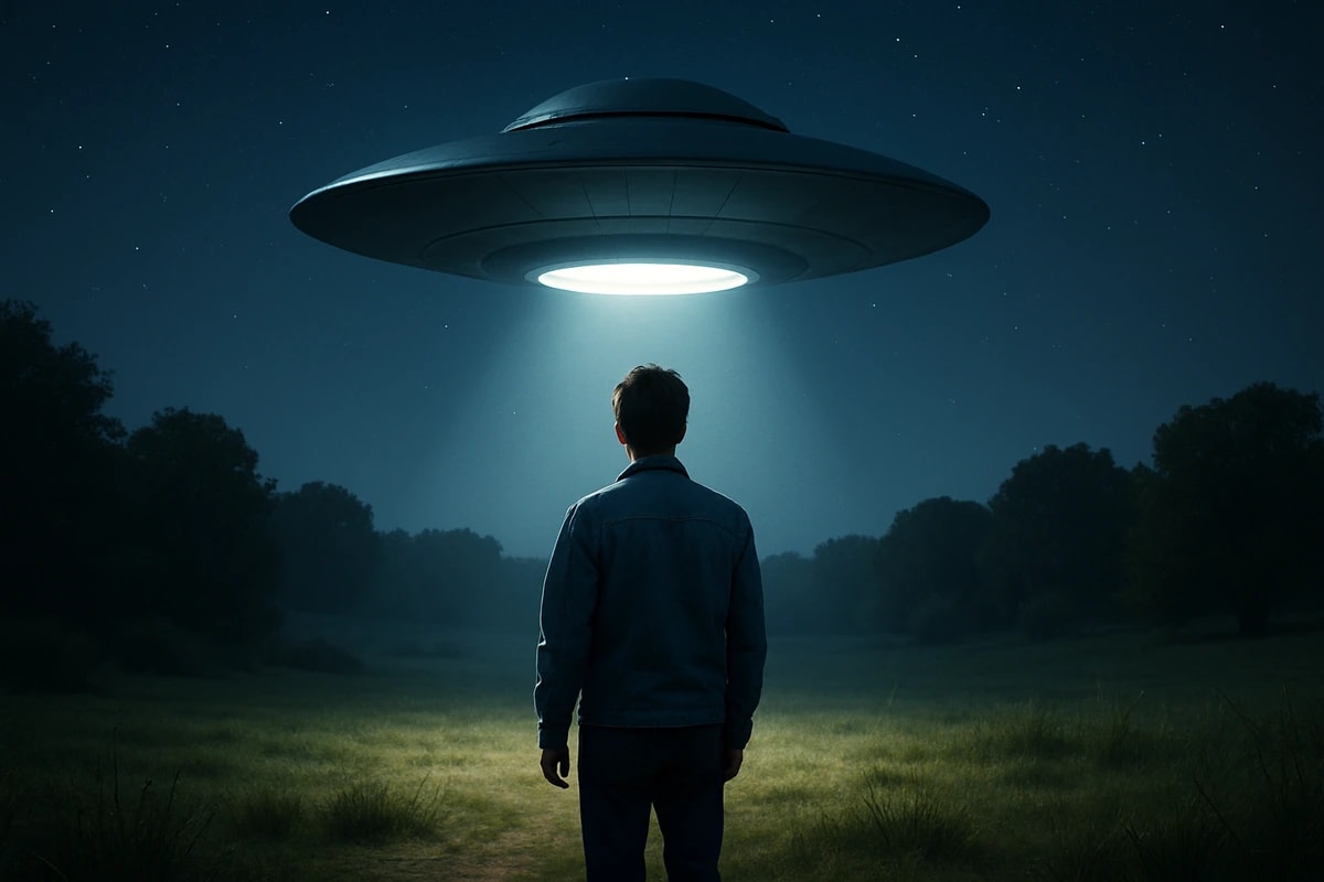Una persona observa un platillo volante suspendido sobre un campo iluminado por la luz azulada de la nave