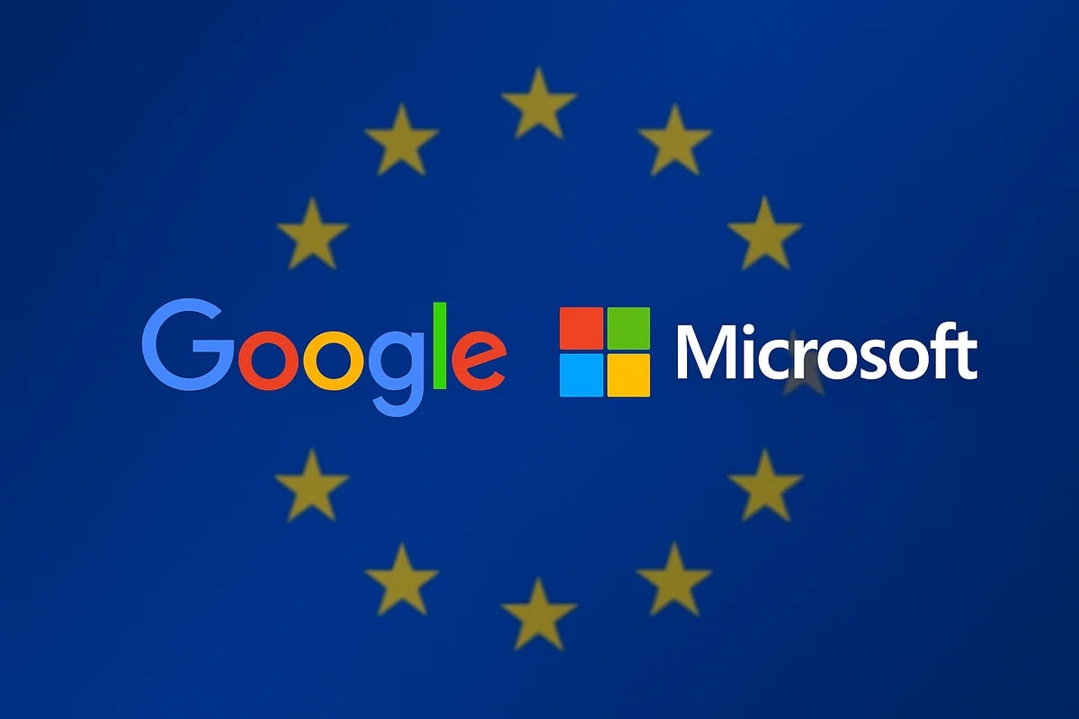 Logos de Google y Microsoft sobre la bandera de la Unión Europea en segundo plano
