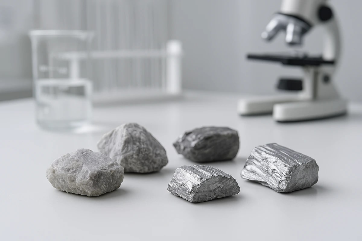 Muestras de litio en estado mineral y metálico sobre una mesa de laboratorio