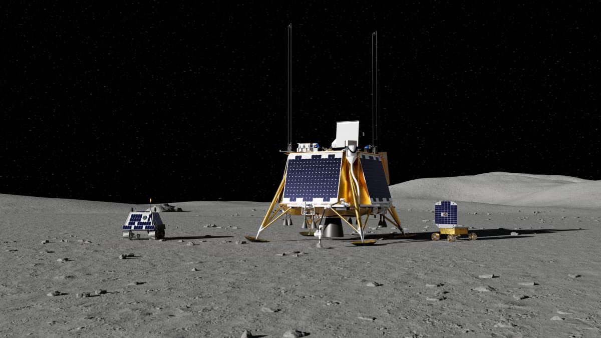 Concepto artístico del módulo Blue Ghost de Firefly y cargas útiles de la NASA en el Polo Sur lunar, iniciativa CLPS