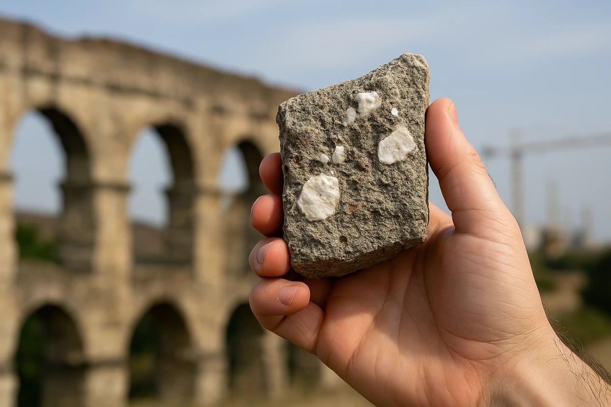 Mano sosteniendo un trozo de hormigón romano con inclusiones blancas