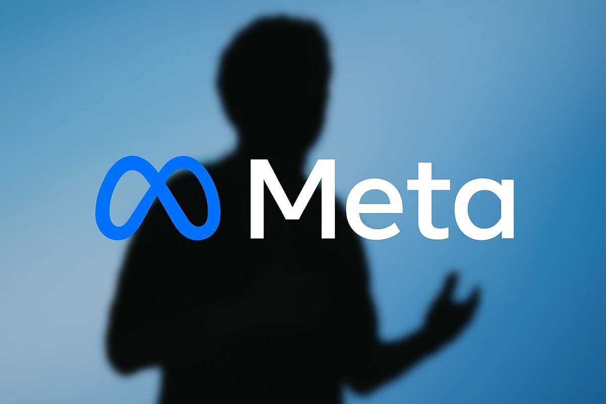 Silueta negra de Mark Zuckerberg desenfocada sobre fondo azul degradado, con el logo azul de Meta y la palabra Meta en blanco en el centro
