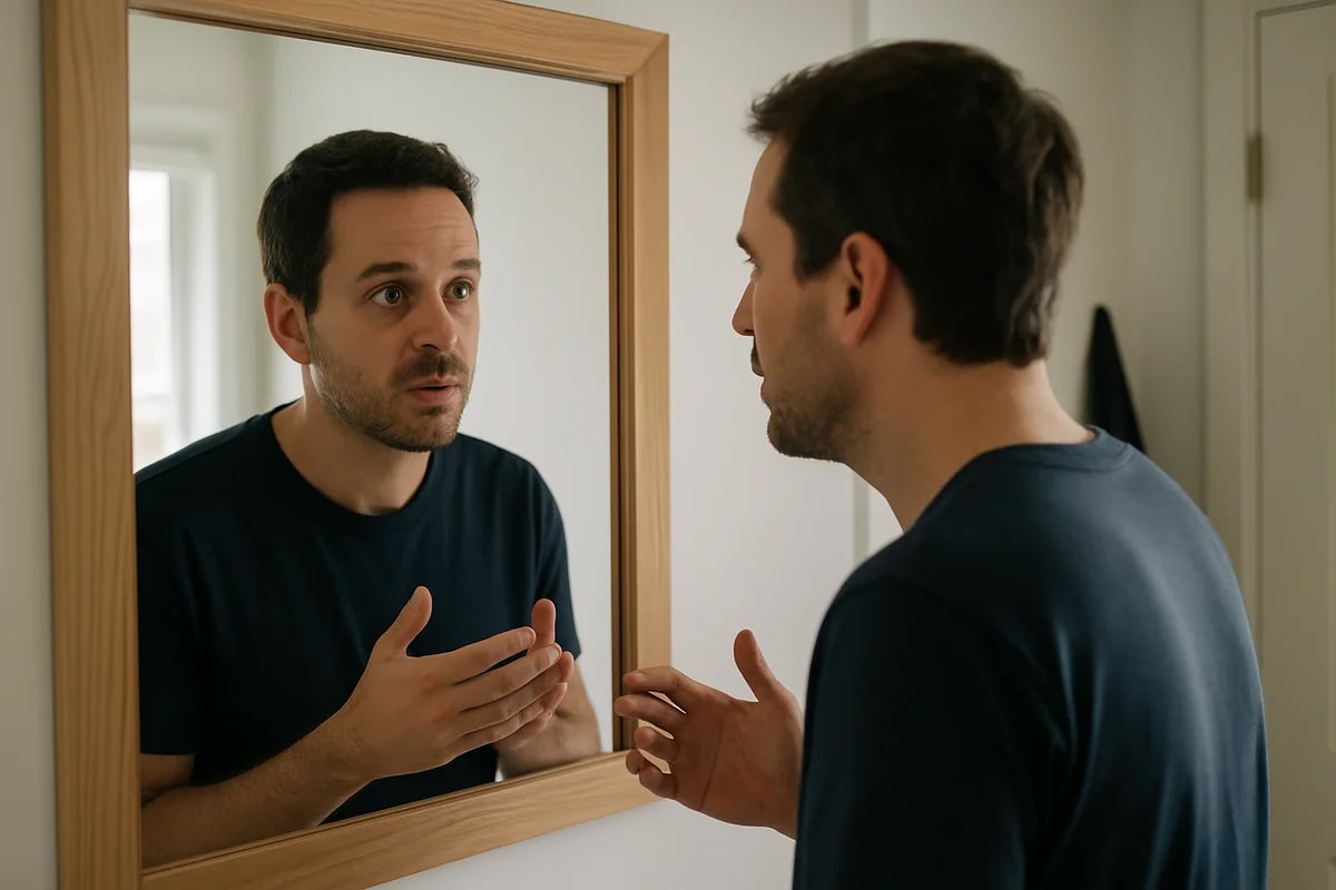 Persona adulta hablando sola frente a un espejo