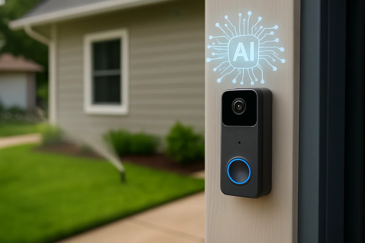 Cámara de timbre inteligente instalada en la entrada de una casa, con un icono de inteligencia artificial