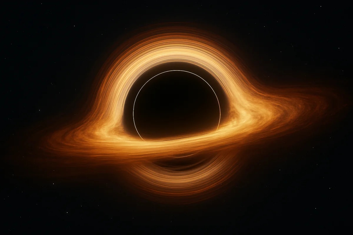 Visualización artística de un agujero negro con disco de acreción brillante en el espacio profundo