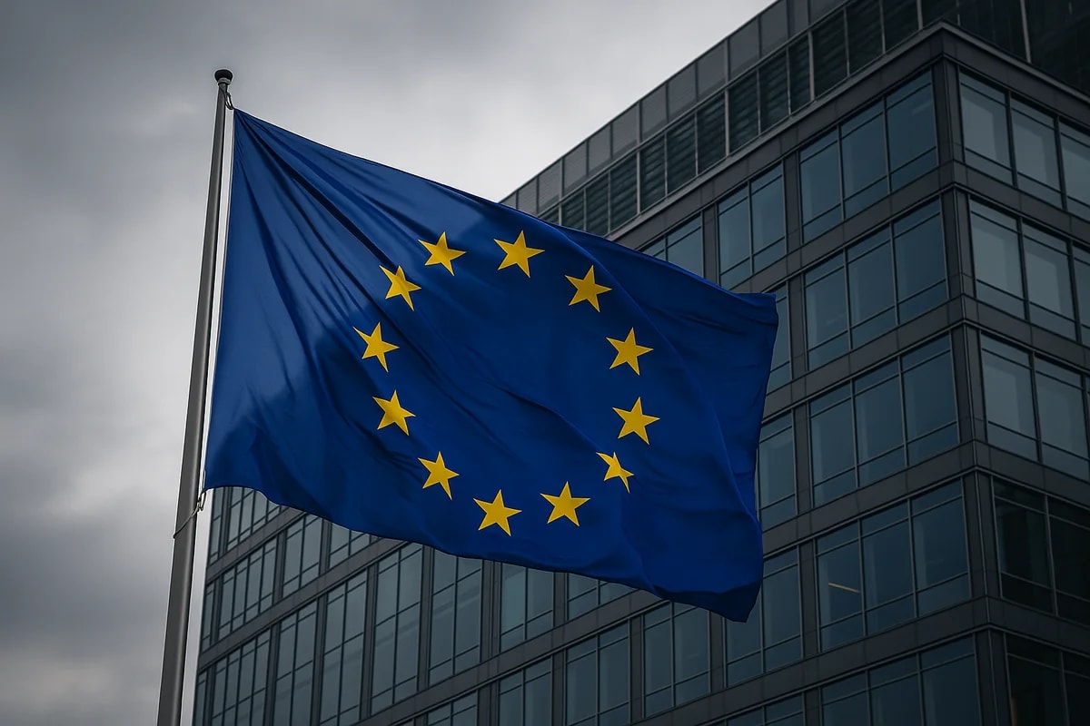 Bandera de la Unión Europea ondeando frente a un edificio moderno