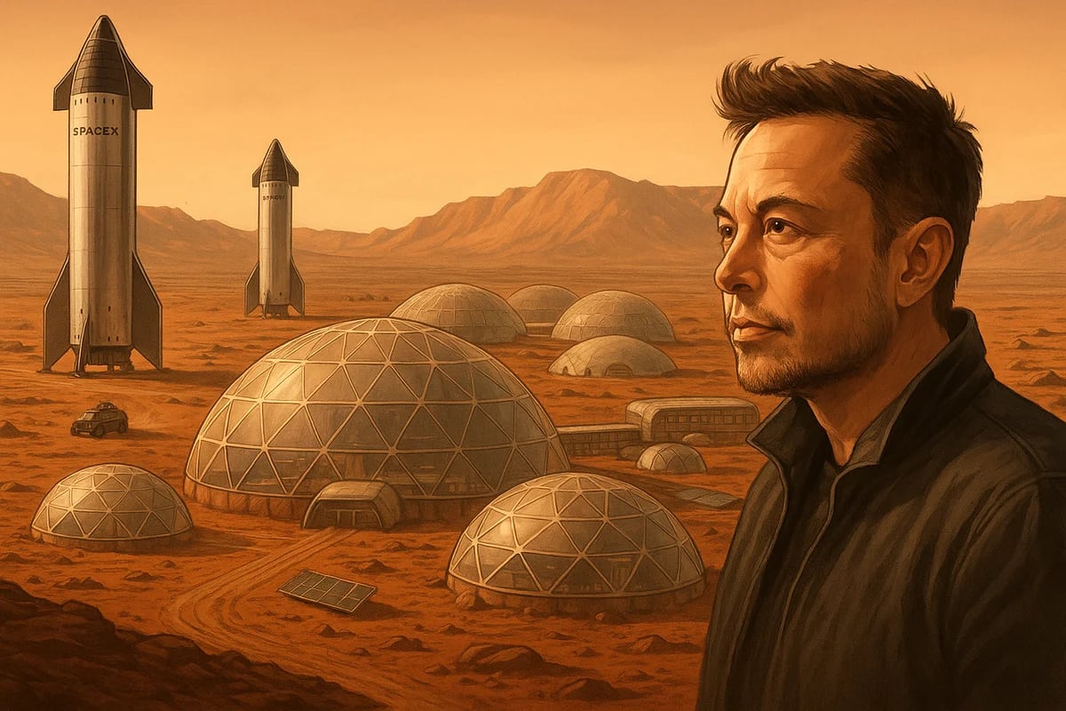 Ilustración realista de una ciudad autosuficiente en Marte, con hábitats y estructuras