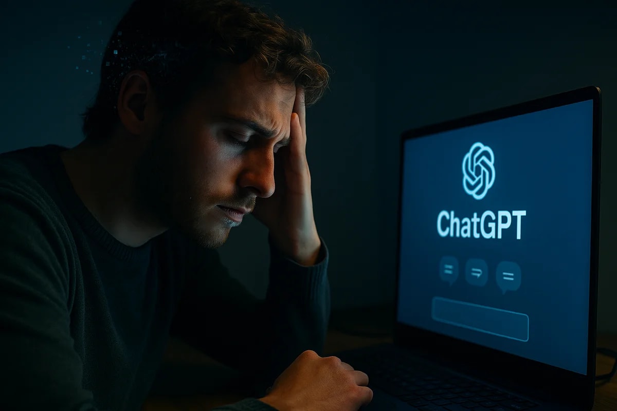 Hombre cansado frente a pantalla con ChatGPT en ambiente oscuro