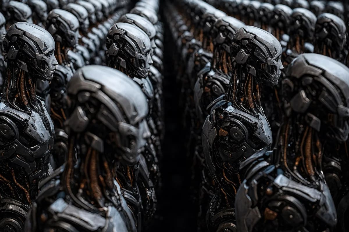 Filas de robots humanoides metálicos avanzados listos para producción masiva