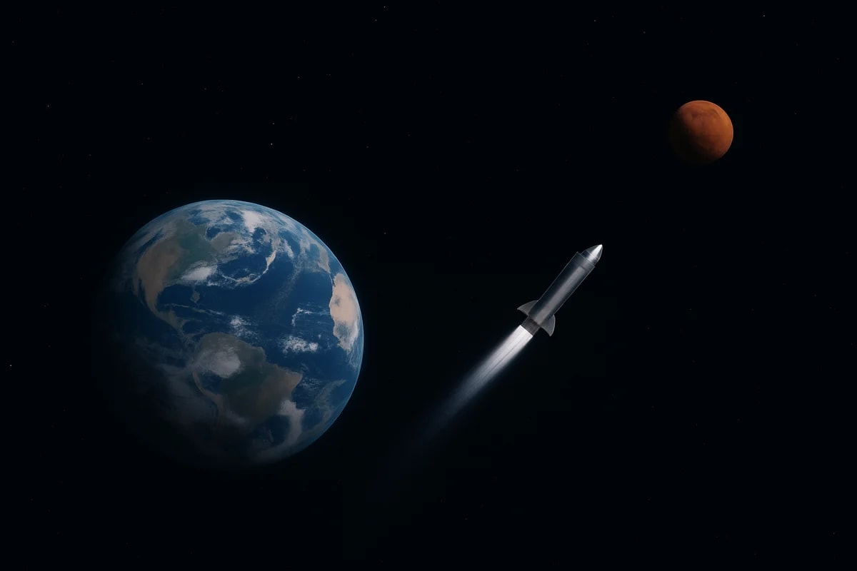 Vista del espacio mostrando la Tierra y Marte en la distancia, con un cohete tipo Starship viajando de un planeta a otro