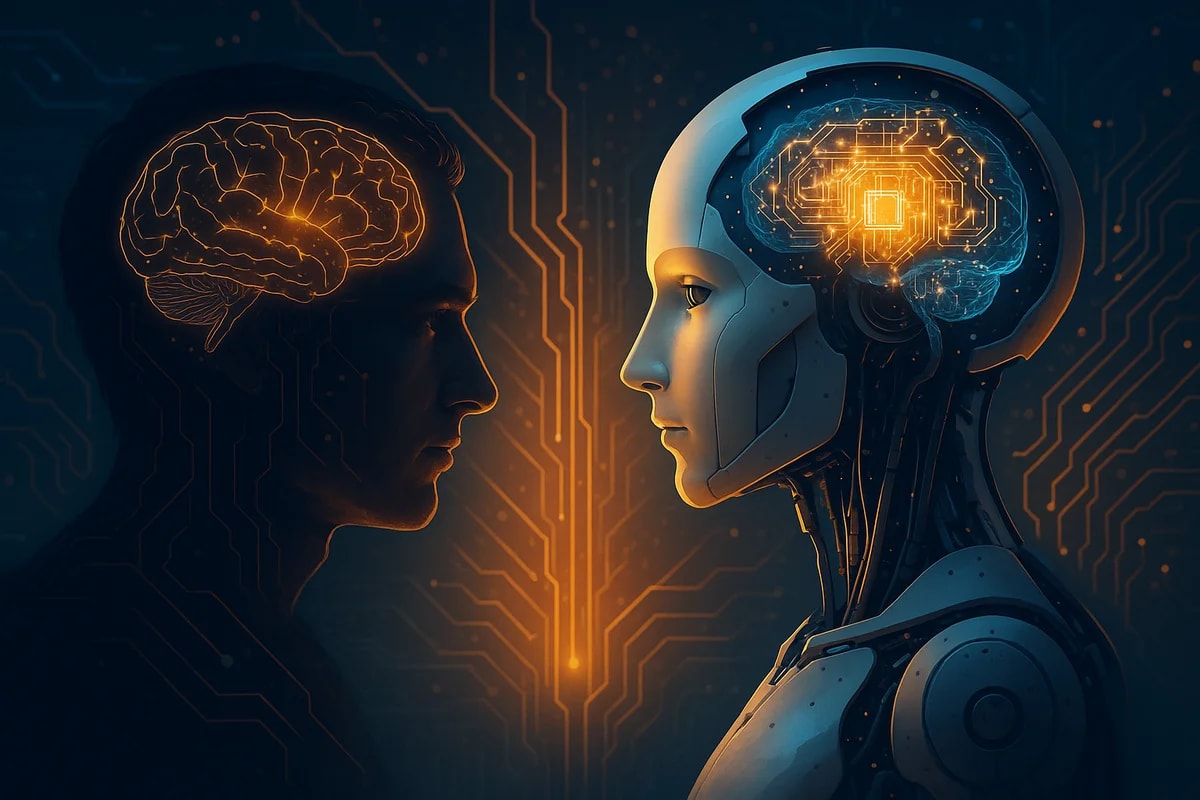 Humano frente a robot con cerebros iluminados representando la singularidad tecnológica y la inteligencia artificial