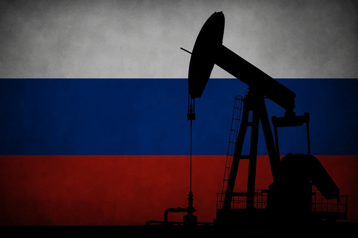 Silueta de bomba extractora de petróleo sobre la bandera de Rusi
