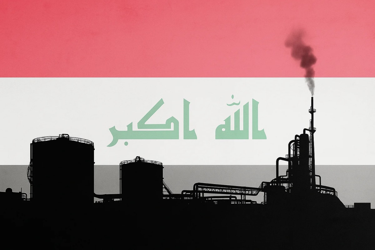 Silueta negra de instalaciones petroleras de Zubair en Basora, Irak, con la bandera nacional de Irak translúcida superpuesta