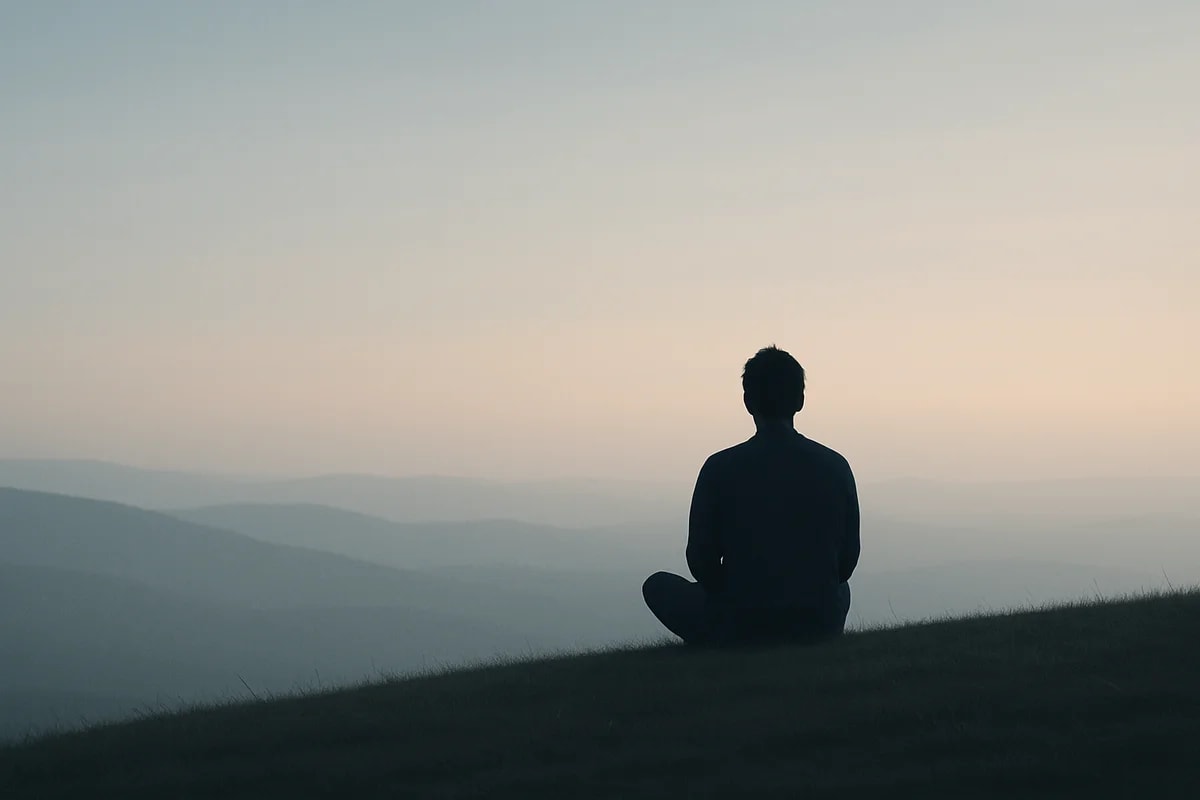 Persona sentada en soledad sobre una colina al amanecer