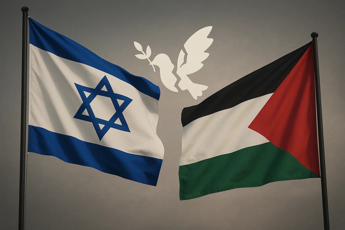 Banderas de Israel y Palestina ondeando frente a frente, separadas por una paloma de la paz fragmentada
