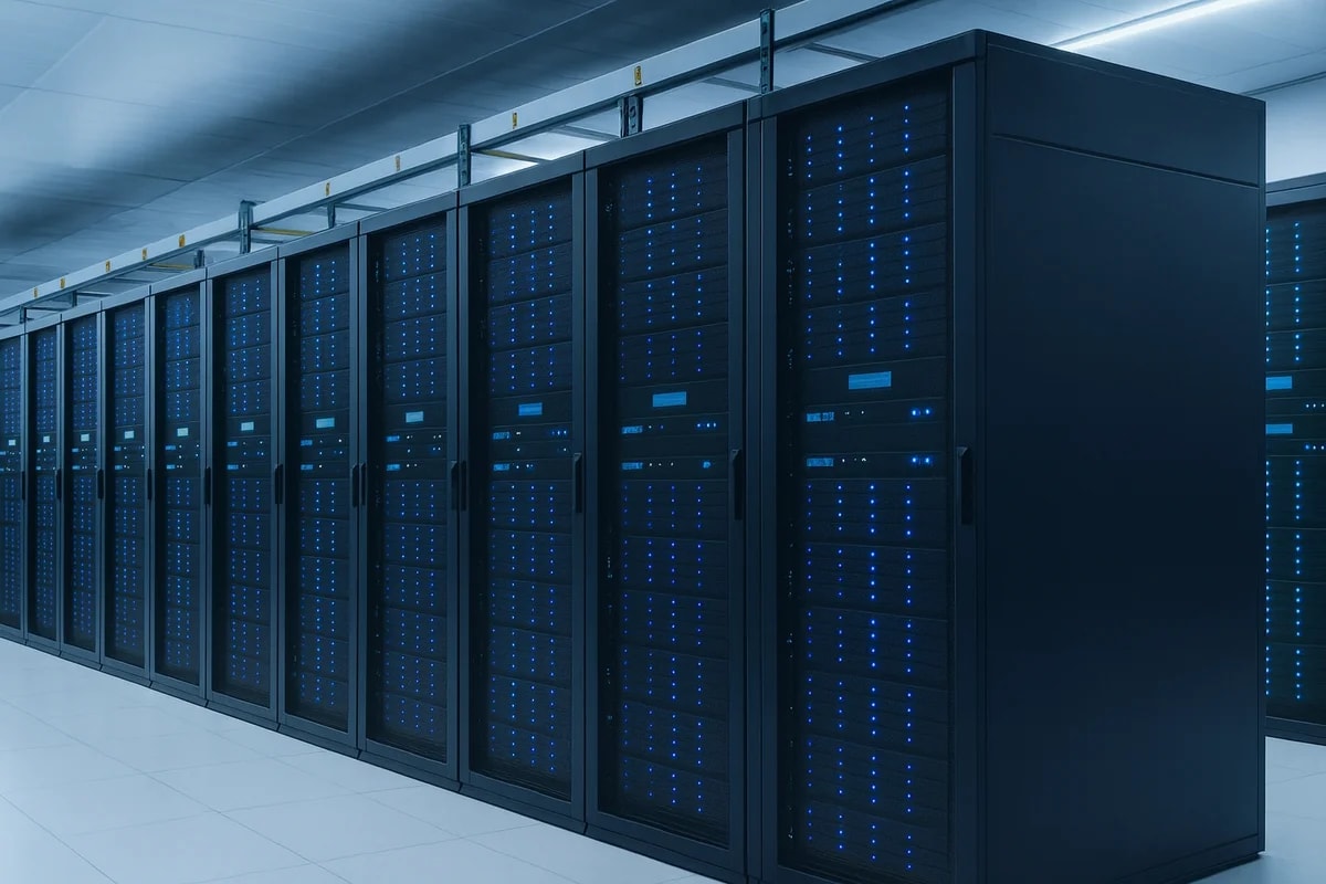 Pasillo de centro de datos con filas de servidores y luces azules encendidas