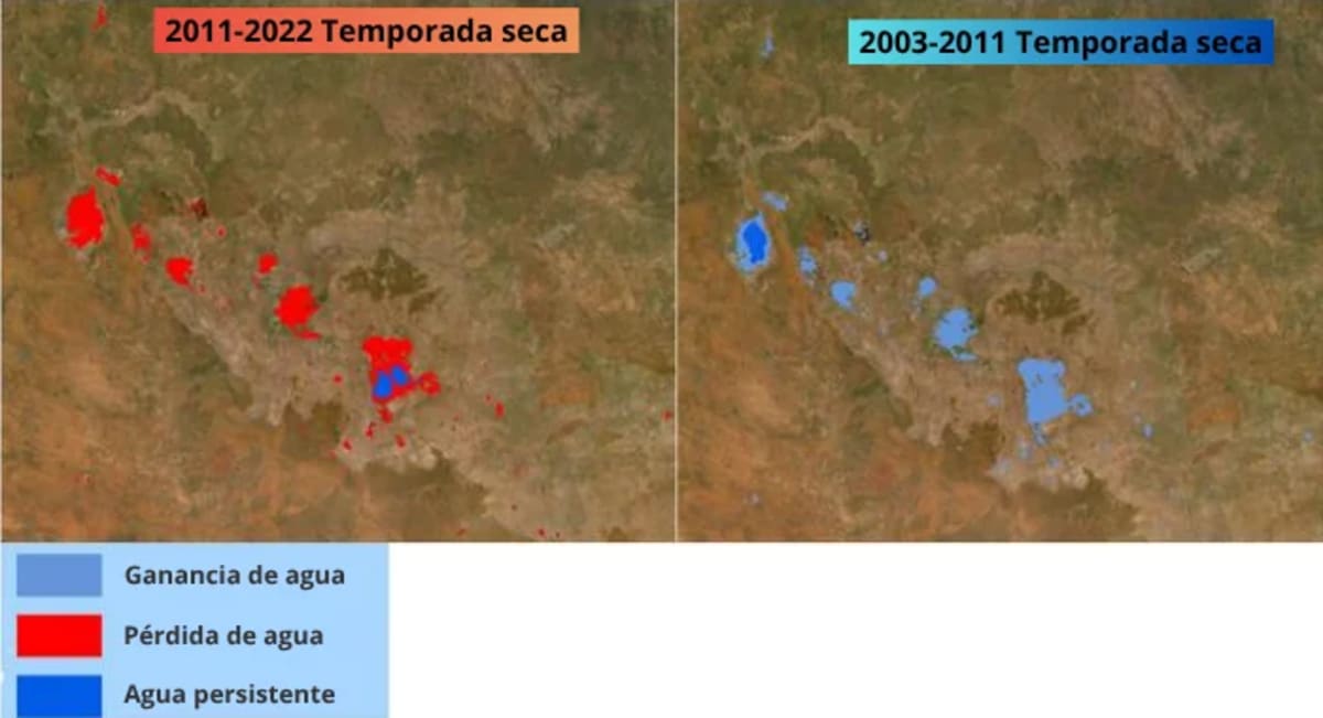 Mapa satelital que ilustra los cambios en la duración de las estaciones húmedas y secas en el periodo 2003-2022