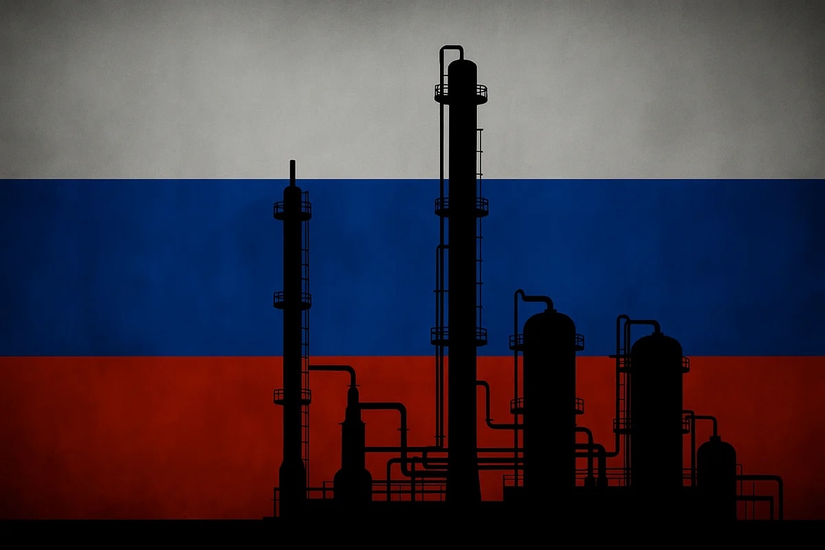 Silueta negra de una refinería de petróleo frente a la bandera de Rusia