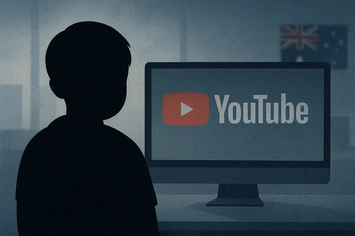 Silueta de un niño de espaldas frente a un monitor con el logo de YouTube