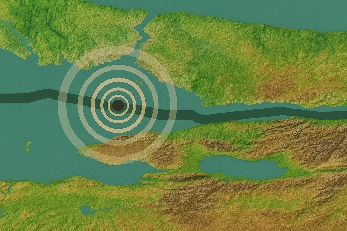 Mapa en relieve de la región del mar de Mármara, Turquía, mostrando una falla tectónica con un epicentro sísmico