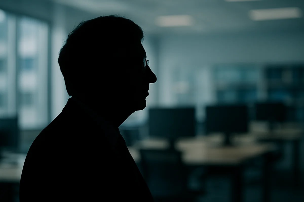 Silueta negra de Bill Gates en perfil, con fondo desenfocado de una oficina tecnológica