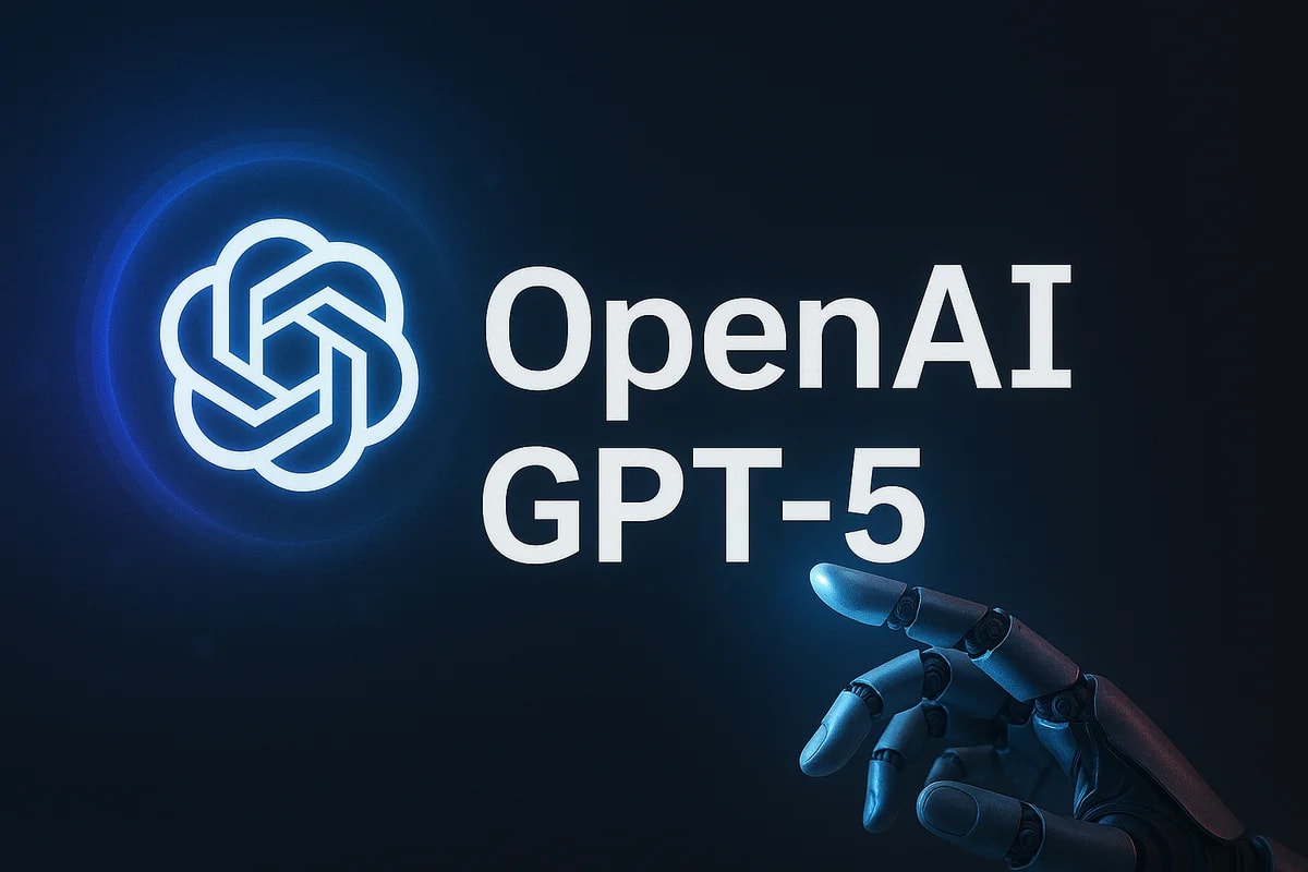 Imagen horizontal con el logo de OpenAI iluminado, texto GPT-5 y una mano robótica apuntando al logo