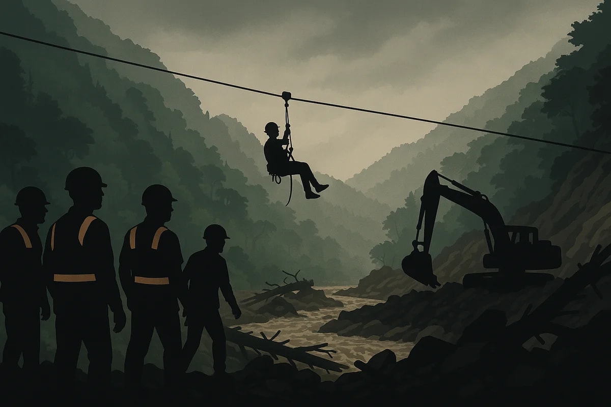 Siluetas de rescatistas con cascos y chalecos observan mientras un compañero cruza un río crecido