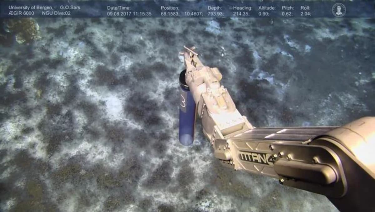 El brazo del vehículo teledirigido Ægir 6000 toma sedimentos en el fondo marino de Lofoten-Vesterålen