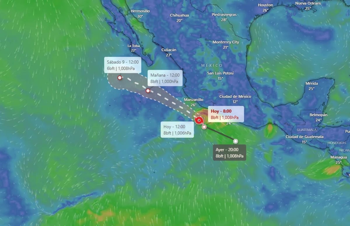 Trayectoria prevista de la tormenta tropical Ivo paralela a la costa del Pacífico mexicano