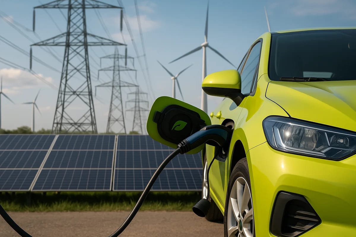 Auto eléctrico cargando con cable, paneles solares, torres eléctricas y molinos eólicos de fondo