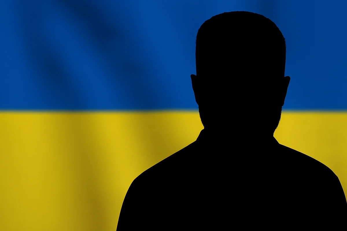 Silueta negra de Volodímir Zelenskiy sobre fondo de la bandera de Ucrania