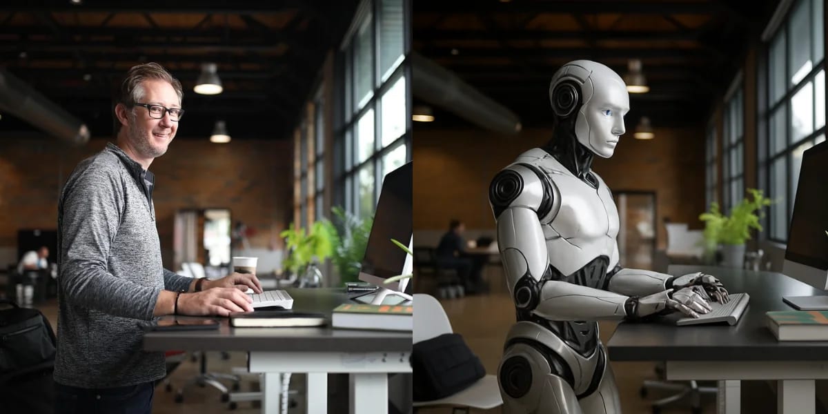 Comparativa visual entre un trabajador humano y un robot trabajando en el mismo escritorio de oficina moderna