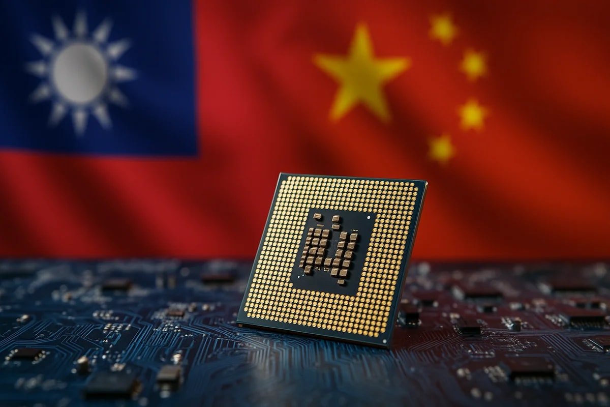 Primer plano de un microchip sobre placa base, con las banderas de Taiwán y China