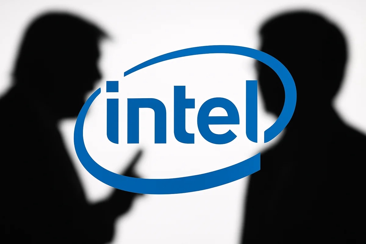 Logo de Intel, segundo plano las siluetas de Donald Trump y Lip-Bu Tan