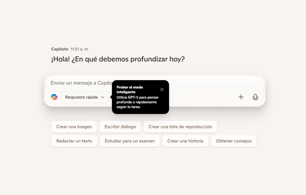 Interfaz de Copilot mostrando opciones creativas y un mensaje sobre el uso de GPT-5 en modo inteligente