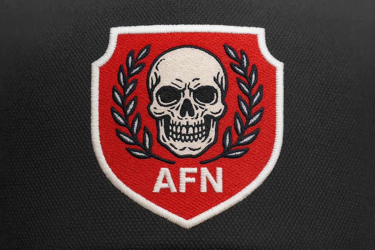 Primer plano del emblema de la Red de Libertad Aria (AFN) con fondo de tela oscura
