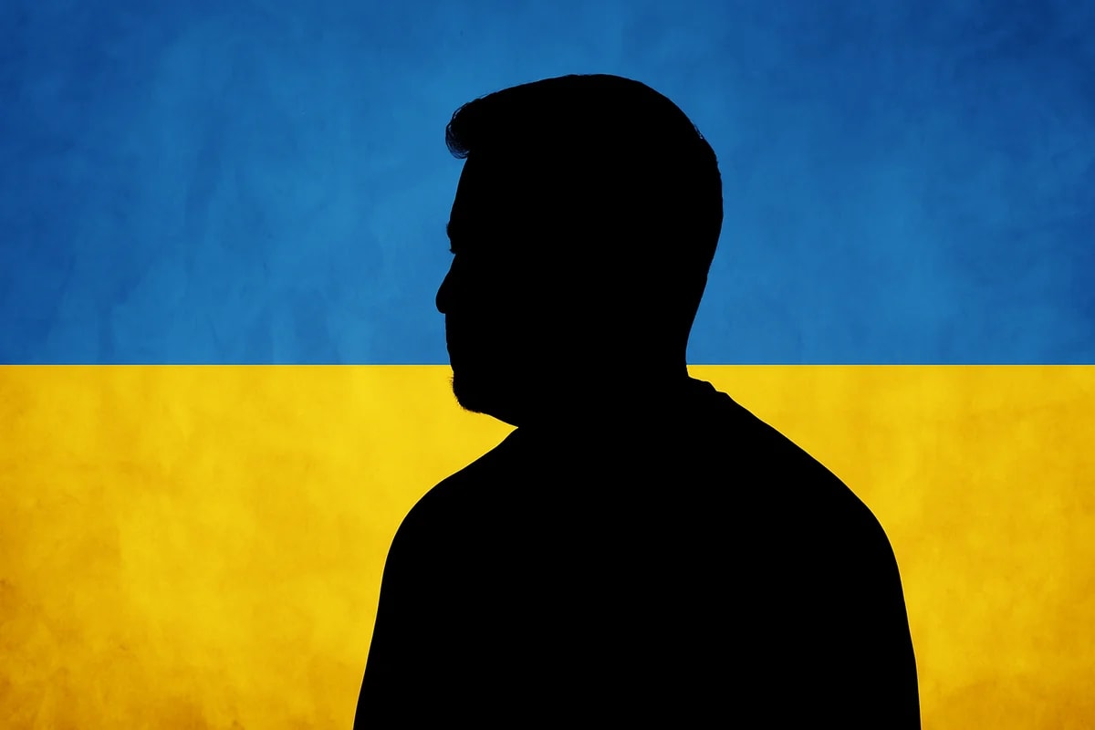 Silueta de Zelensky frente a una bandera azul y amarilla