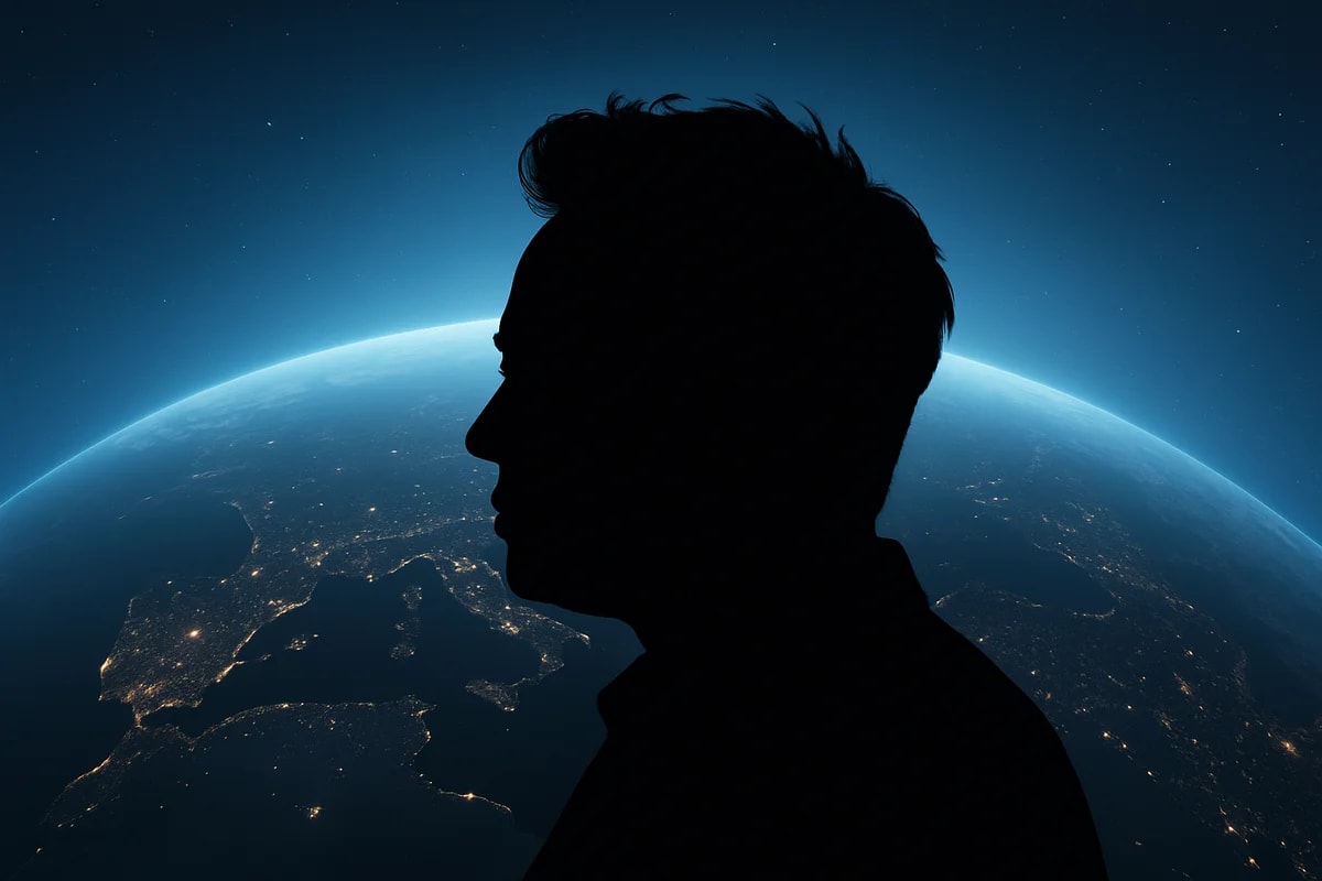 Silueta de Elon Musk con el planeta Tierra iluminado al fondo