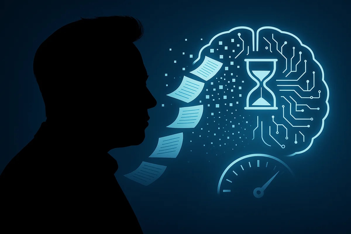 Silueta de Elon Musk frente a un cerebro digital mientras hojas de papel se desintegran en píxeles